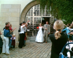 The newlyweds are 'showered' with rice