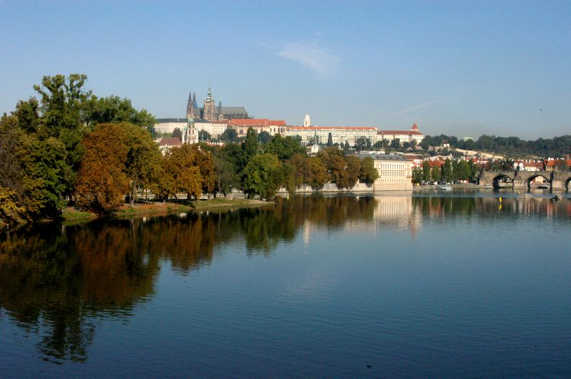 Reflection of the autum trees in the Vltava