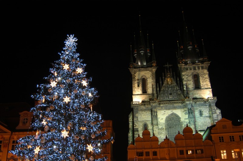 Two dominants of Old Town Square during Christmas