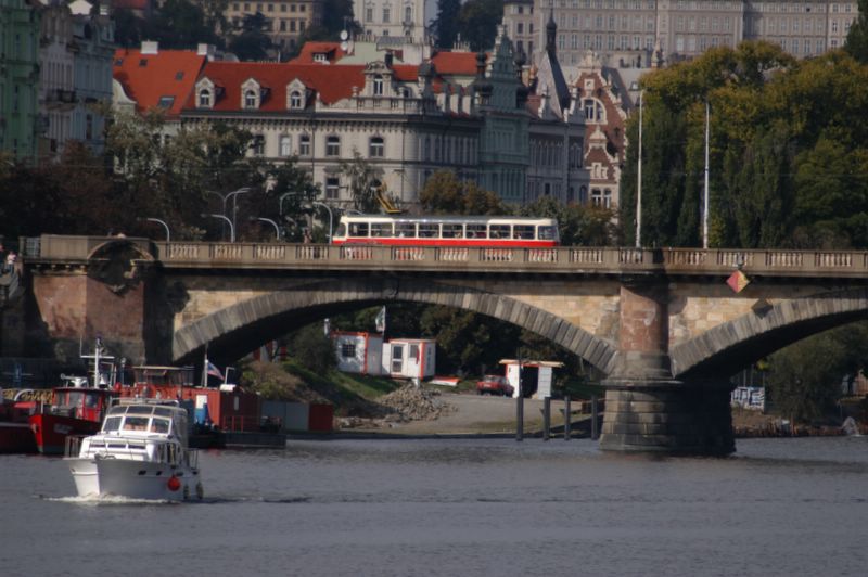 Tram crossing the bridge