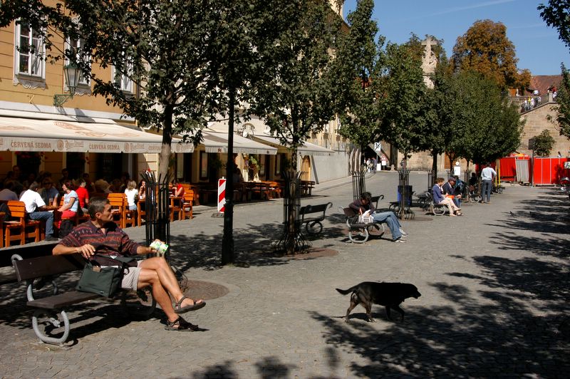 Benches under the shade at Charles Bridge