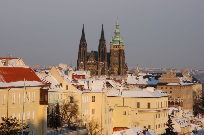St Vitus Cathedral and the Schwanzenberg Palace covered in snow