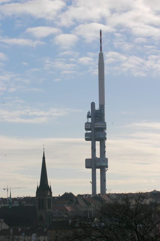 Zizkov television tower on a clear day